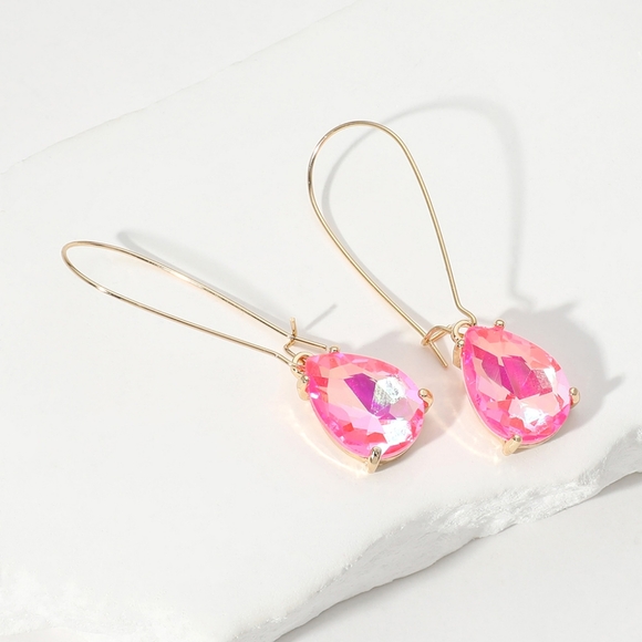 Fuchsia Ab Teardrop Dangle Earrings 2" Stone Wire Simple Jewelry Gold Water Drop - Picture 1 of 3